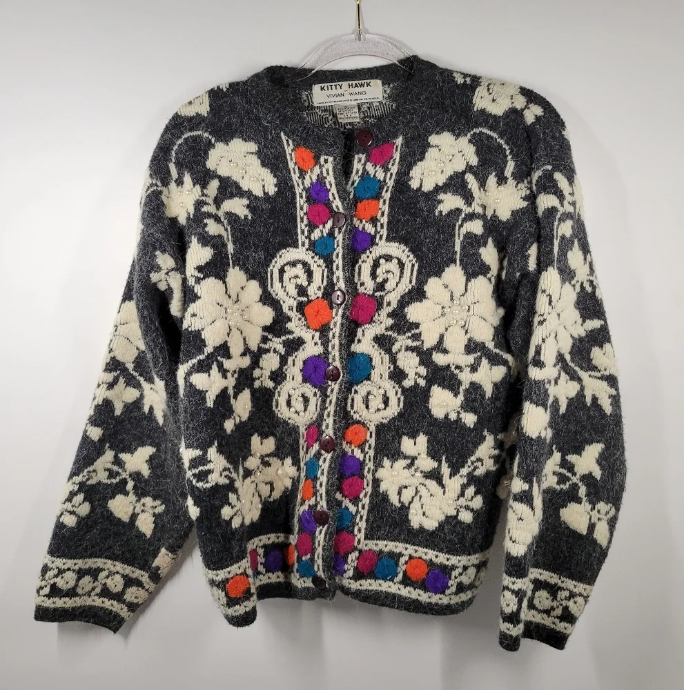 Vtg Kitty Hawk by Vivian Wang Gray Beaded Cardigan Sweater Women Size M - Picture 1 of 4